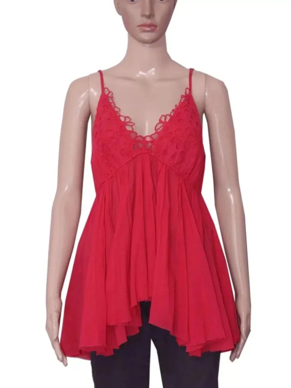 Free People FP One Casella Tunic Cherry Red Embroidered V Neck Strap Top M